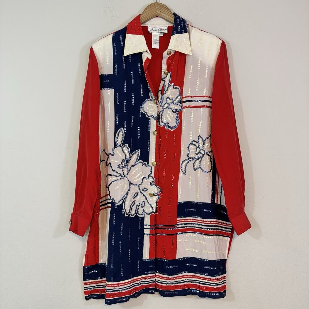 Vtg DIANE GILMAN 100% Silk Sequin Floral Tunic Blouse Sz L Colorblock Patriotic